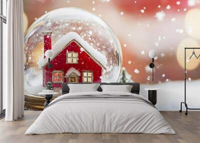 Christmas snow globe with a red house on a snowy winter background Wall mural