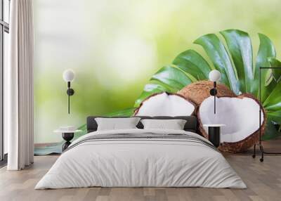 coconut open to natural on wooden bottom Wall mural