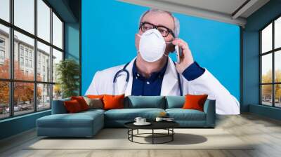 doctor with mask, stethoscope and cellphone, coronavirus virus concept and infections Wall mural