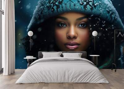 winter portrait of a smiling young woman in snowy landscape Wall mural