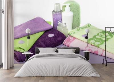 Personal hygiene items, towels on a table close-up Wall mural