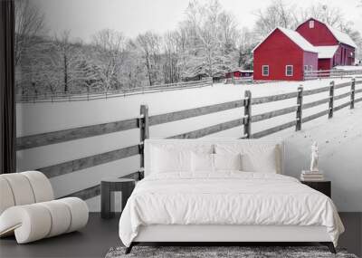 Lovely black and white, red farm scenery. Winter rural background Wall mural