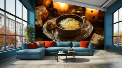 a cup of soup with a spoon and some bread Wall mural