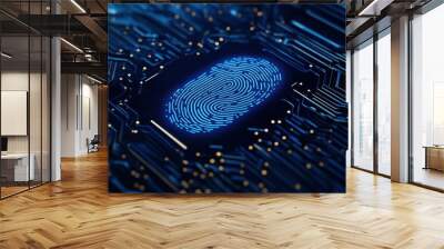 A futuristic fingerprint on a circuit board background, symbolizing identity verification and digital security. Wall mural