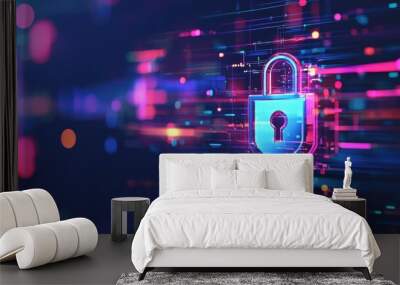 A vibrant digital illustration of a padlock symbolizing cybersecurity and data protection in a modern tech environment. Wall mural