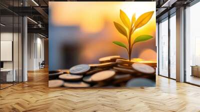 A vibrant plant growing from a pile of coins, symbolizing growth, prosperity, and the connection between nature and finance. Wall mural