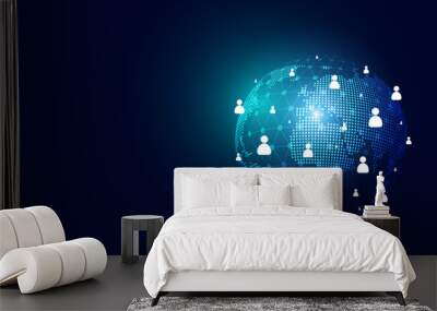 abstract background digital people and globe icon concept globe communication people all over the world online news web social network On a black and blue background. Wall mural