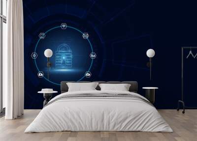 Abstract blue vector illustration with a futuristic concept against cyber threat In the form of icons, consisting of business icons, communications, connections, internet protection. Wall mural