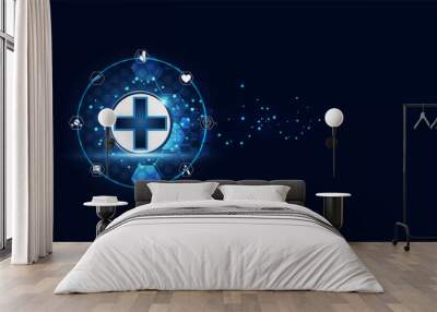 Abstract blue vector illustration with a futuristic concept. Medical treatment consists of blue digital health plus, medical icons such as brain medicine, DNA, medical equipment. Wall mural