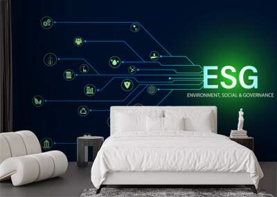 Abstract ESG with icon concept sustainable corporate development Environment, Social, and Governance on a modern green background. Wall mural