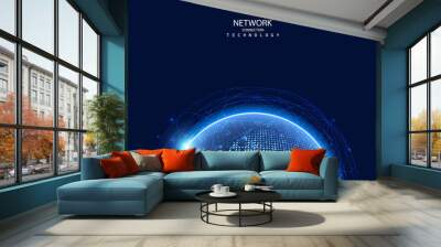 abstract global dot network circle digital connection and communication futuristic on blue background. Wall mural