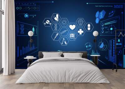 Abstract health medical ui futuristic hud interface hologram science healthcare icon digital technology science concept modern innovation,Treatment,medicine on hi tech future blue background Wall mural