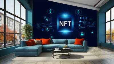 Abstract NTF Digital Image Concept NFT Digital Finance Irreplaceable Token The only original art in the system. On a modern background blue Futuristic Digital Wall mural