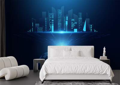 abstract smart city building modern blue and world on a modern background futuristic digital Wall mural