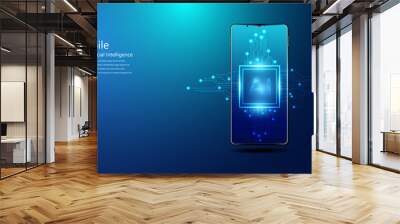 Abstract technology Ai computing and smartphone concept working data of Artificial intelligence and futuristic digital for future on dark blue background. Wall mural