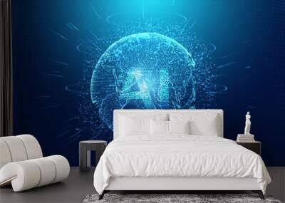 Abstract technology Ai computing and world concept working data of Artificial intelligence and futuristic digital for future on dark blue background. Wall mural