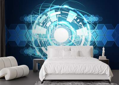 abstract technology background concept world line blue digital map dot connection network internet on hexagon hi tech, future circle winding and blue light world design hi speed internet for future Wall mural