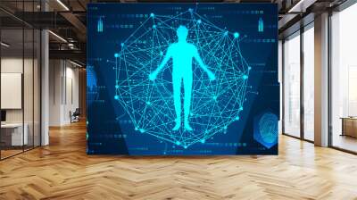 abstract technology concept human body in digital link ; hud interface and scan body to verify identity on binary hi tech background Wall mural