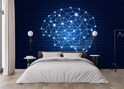 abstract technology science concept brain digital link on hi tech blue binary background Wall mural