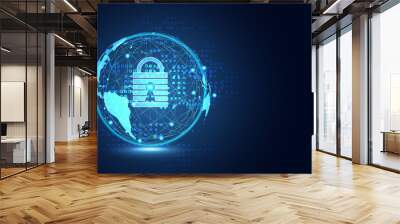 Abstract technology world cyber security privacy information network concept padlock protection digital network internet link on hi tech blue future background Wall mural