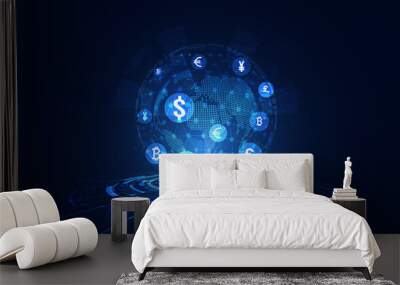 Abstract world Digital circle Hologram Money transfer DeFi Decentralized Finance Blockchain, cryptocurrency and bitcoin, online, internet transaction Futuristic. Wall mural