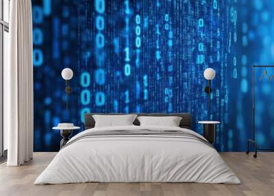 An abstract representation of digital data with cascading binary code in vibrant blue, symbolizing technology and information transfer. Wall mural