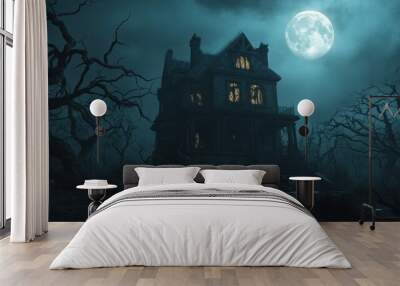 Eerie haunted mansion under a full moon, surrounded by twisted trees, creating a chilling atmosphere of mystery and fear. Wall mural