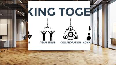 Working together banner concept for team management with an icon of collaboration, reach goals, team spirit, support, communication, and exchange Wall mural