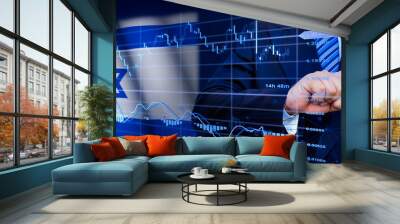 Businessman touching data analytics process system with KPI financial charts, dashboard of stock and marketing on virtual interface. With Israel flag in background. Wall mural