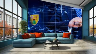 Businessman touching data analytics process system with KPI financial charts, dashboard of stock and marketing on virtual interface. With Turks and Caicos Islands flag in background. Wall mural