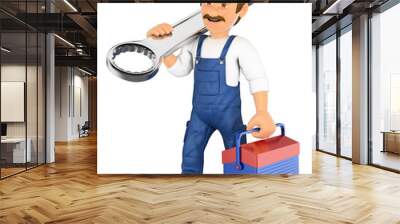 3D Mechanic walking with a wrench and a toolbox Wall mural