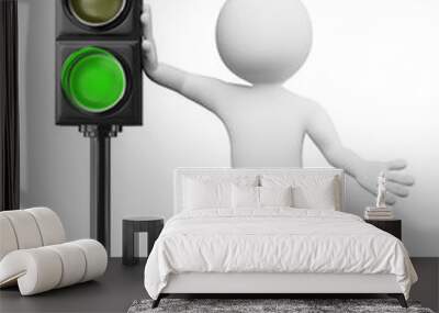 3D white people. Green traffic light Wall mural