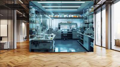 A bustling food quality control laboratory with testing equipment and sensory evaluation booths, momentarily still but ready to ensure the safety and quality of food products Wall mural