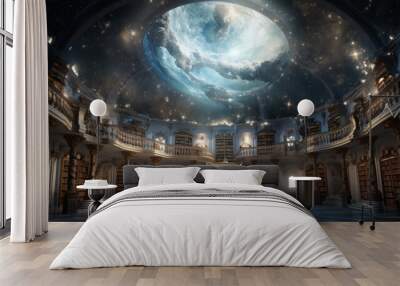 A celestial library with a planetarium-style ceiling, shelves of ancient scrolls, and a mystical atmosphere Wall mural