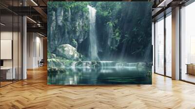 A dramatic waterfall, cascading down sheer cliffs into a crystal-clear pool below, surrounded by lush greenery and towering trees Wall mural