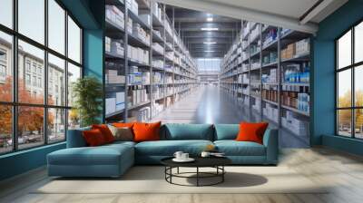 A pharmaceutical distribution center with shelves and pallets, momentarily quiet but ready to distribute medications to pharmacies and hospitals Wall mural