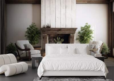 a rustic living room with dark wooden floors and whitewashed walls and exposed beams A large fireplace is situated in the center of the room and two armchairs are placed around it Wall mural