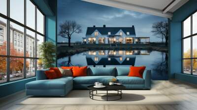 large luxury farmhouse with reflection in the lake and with two trees next door Wall mural