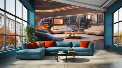 Tech-Savvy Lounge A futuristic living room with smart home gadgets, from voice-controlled lighting to an AI-driven entertainment system, centered around a sleek leather sofa  Wall mural