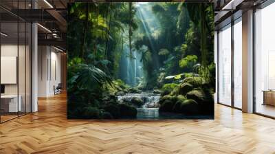 waterfall in the jungle with sun rays Wall mural