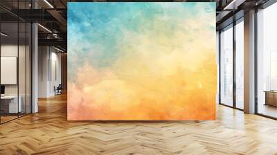 Colorful watercolor background of abstract sunset sky with paint blotches and soft blurred texture in blue green yellow beige and orange gradient background. Generative AI. Wall mural