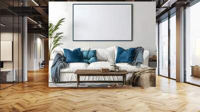 Cozy composition of stylish living room interior with mock up poster frame, modular sofa, wooden coffee table, blue pillows, slippers, plant and personal accessories. Home decor Mock u. Generative Ai. Wall mural