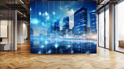 Digital alarm icon and low angle view modern office buildings in blue tone with network connection concept, smart city and wireless communication network, IOT internet of things concep. Generative Ai. Wall mural