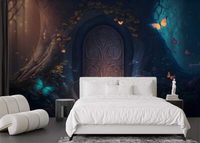 Fantasy enchanted fairy tale forest with magical opening secret door and mystical shine light outside the gate, mushrooms, and fairytale butterflies. Generative Ai. Wall mural