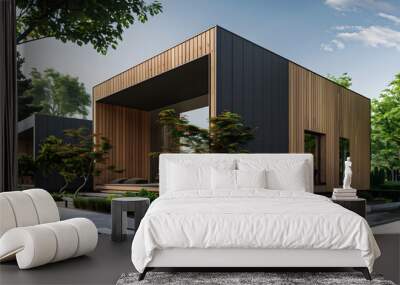 Modern luxury minimalist cubic house, villa with wooden cladding and black panel walls and landscaping interior design 3d render. Generative Ai. Wall mural