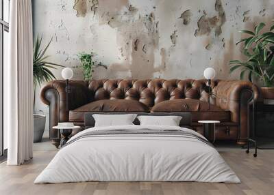 Old vintage interior with leather sofa 3D render. Generative Ai. Wall mural