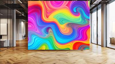 Seamless psychedelic rainbow ridged topological map pattern background texture. Trippy hippy abstract wavy swirls dopamine dressing style fashion motif. Bright colorful neon retro wall. Generative Ai. Wall mural