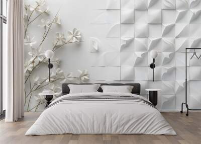 White geometric leaves 3d tiles texture Background. Generative AI. Wall mural