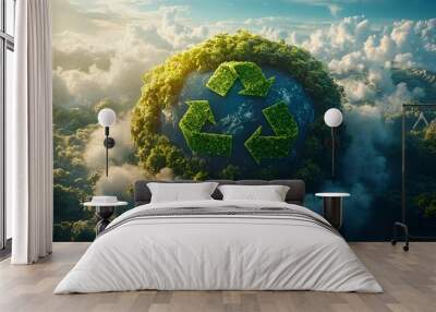 Earth with green recycling arrows circling around it, surrounded by bright blue skies and fluffy white clouds, suggesting the balance of technology and nature Wall mural