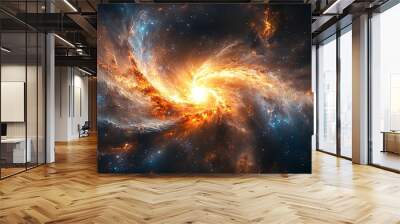 Galactic landscape with a central star erupting in fiery explosions surrounded by distant, glowing galaxies, presented in a 3D model to evoke a sense of cosmic awe and supernatural power. Wall mural